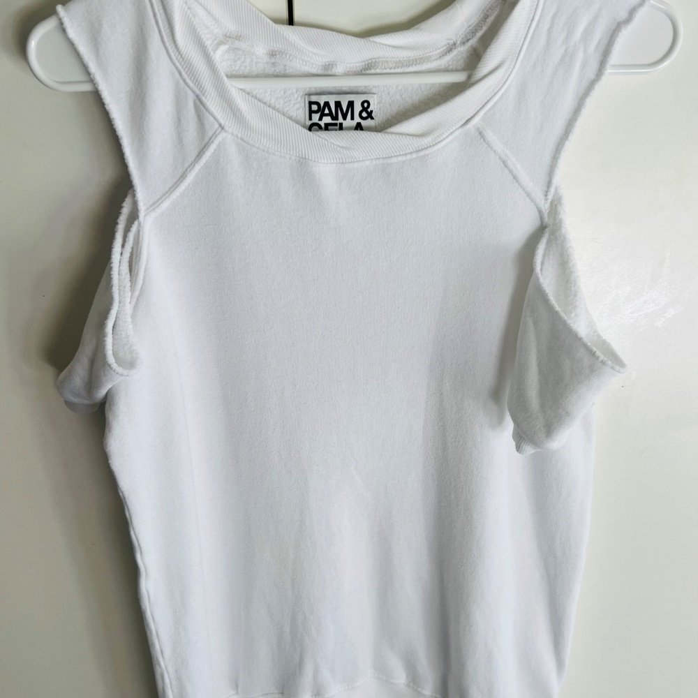 Pam and Gela -Cold Shoulders Cut Out Short Sleeve Sweat Shirt /Tee- White - Picture 5 of 13
